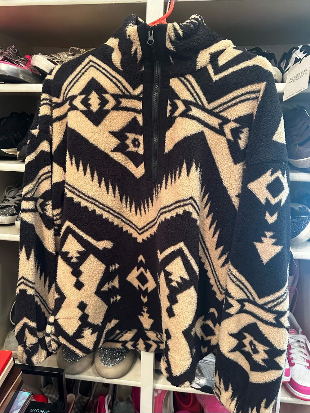 Men's Black and Cream Quarter-Zip Fleece Pullover Sweater